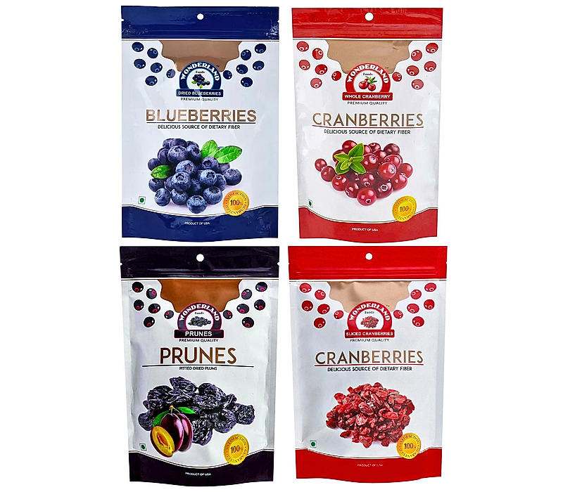 Wonderland Foods - Californian Dried Blueberry 150g, Sliced Cranberry 200g, Whole Cranberry 200g and Prunes 200g (750g Combo) Pouch